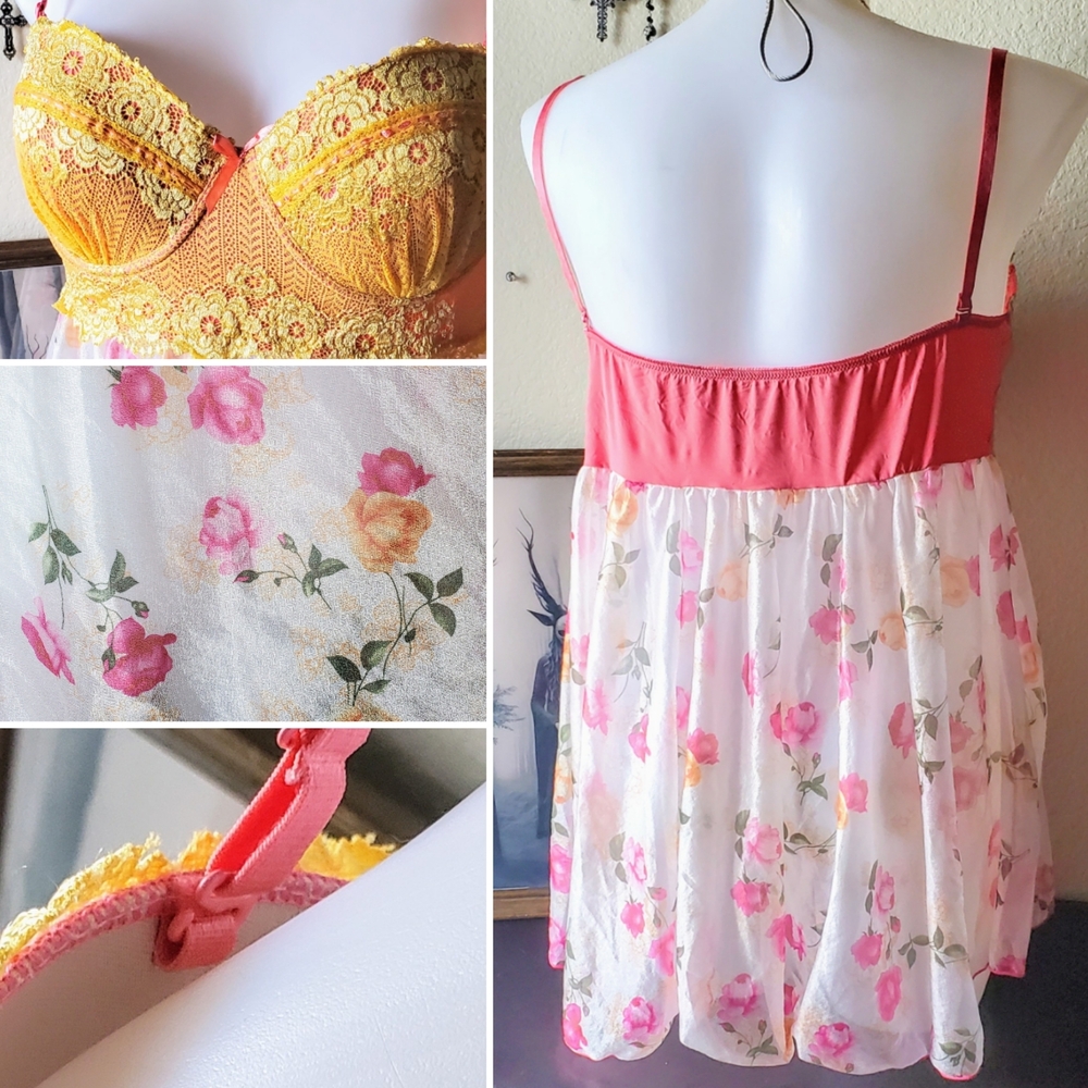 Floral Lace Trim Babydoll - Yellow and Pink - Picture 3 of 3